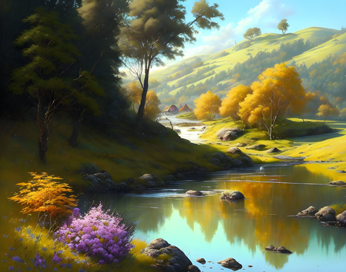 Tranquil autumn landscape with river, hills, and cottage