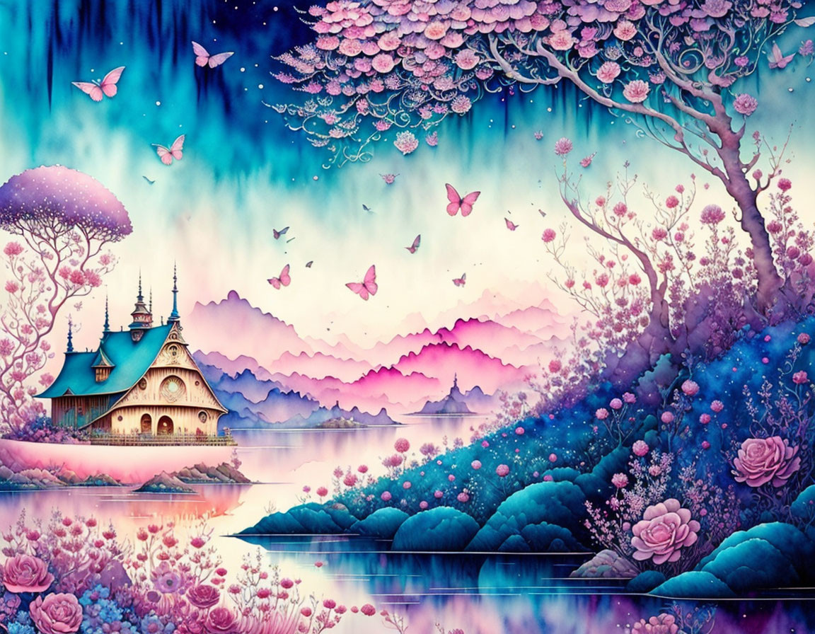 Fantasy landscape with whimsical palace, pink flora, serene waters, butterflies