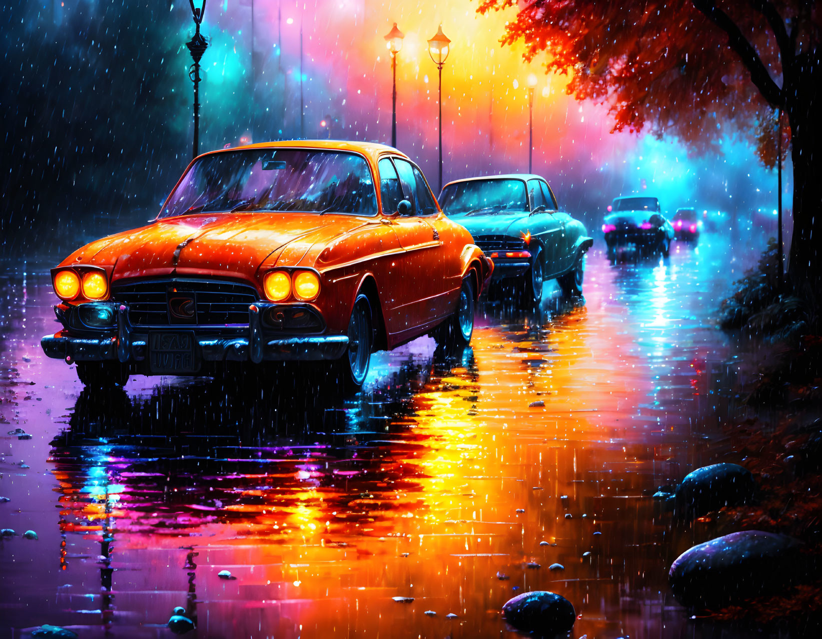 Vibrant Night Street Scene with Vintage Orange Car and City Lights