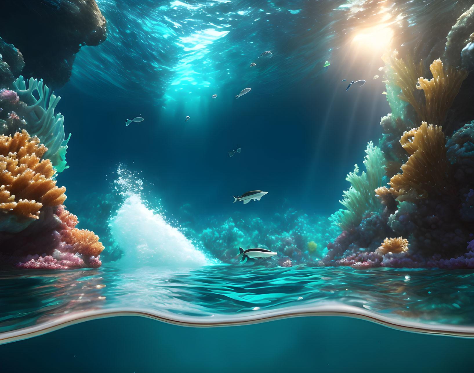 Underwater Scene: Sunlight on Coral Reefs & Fish