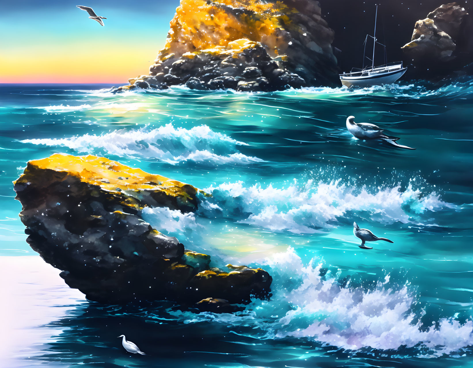 Tranquil seascape with sailboat, crashing waves, seagulls, twilight sky