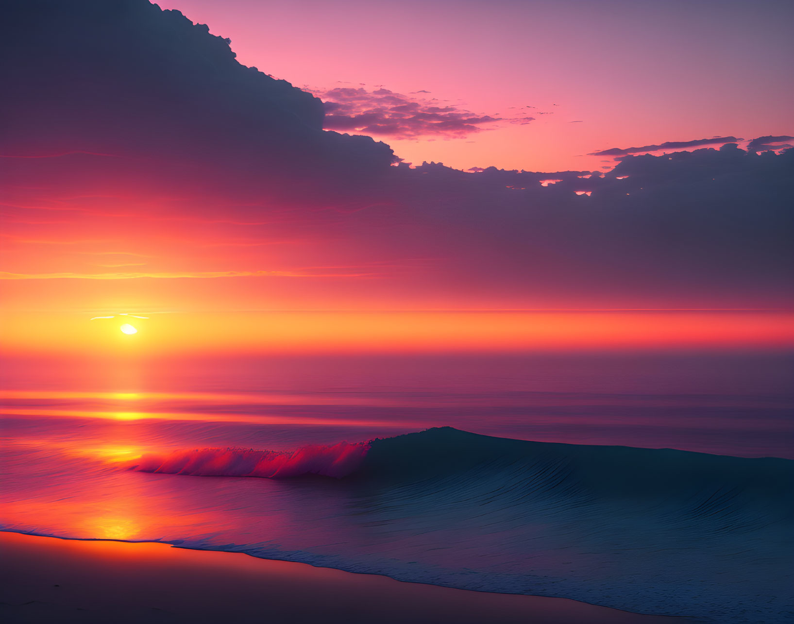 Vibrant pink and purple ocean sunset with wave cresting