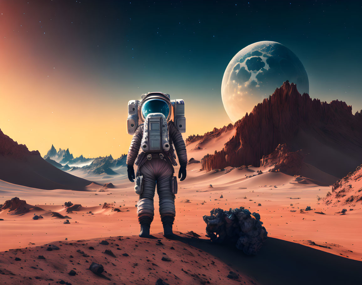 Astronaut on alien planet with mountains and moon