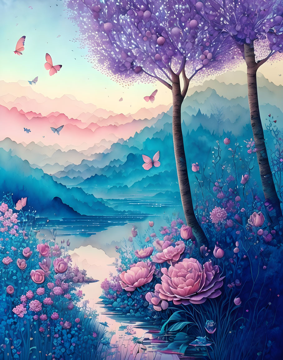 Serene landscape with blooming trees, flowers, lake, mountains, and butterflies