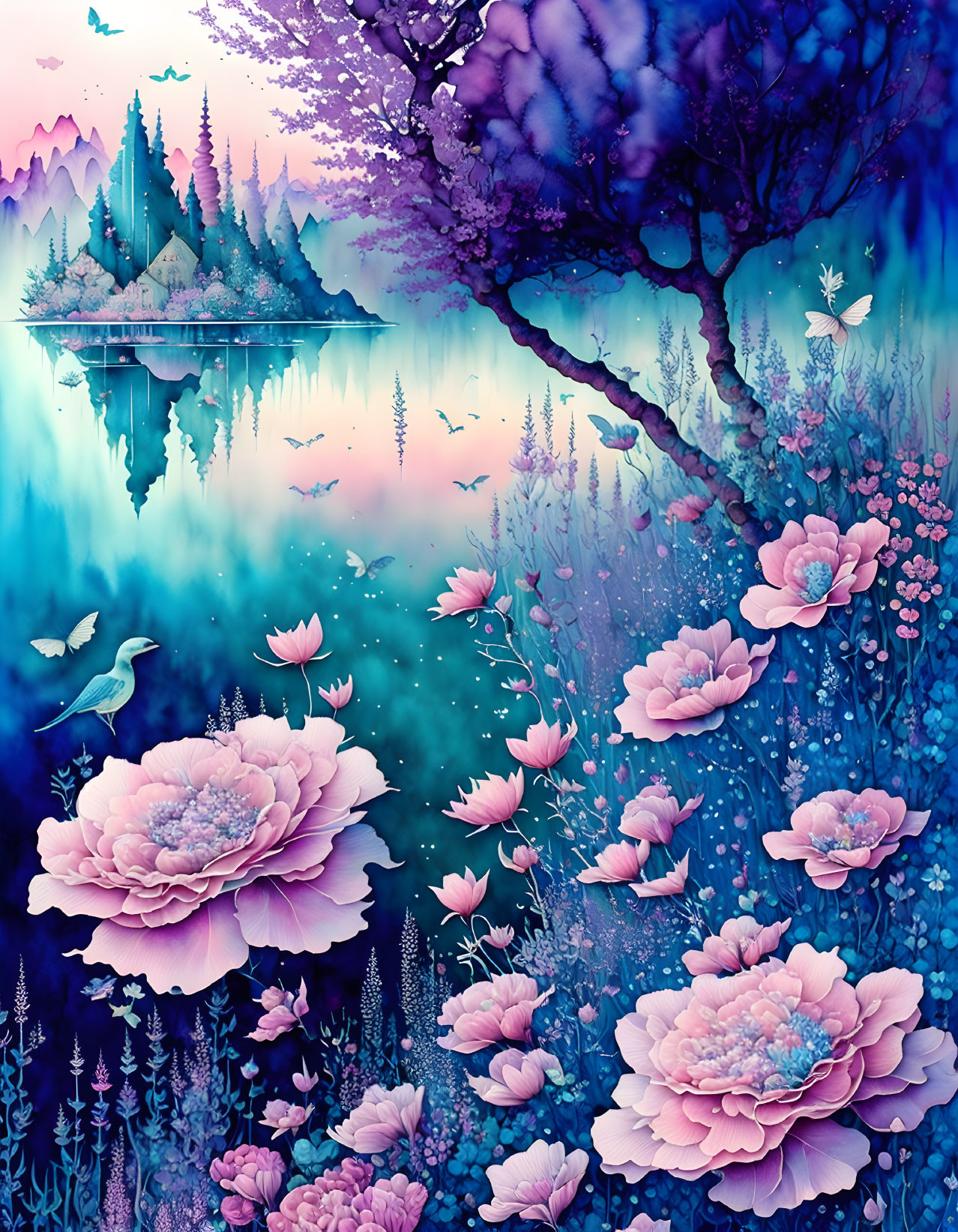 Fantastical landscape with oversized pink flowers, serene lake, distant cabin, lush purple foliage.