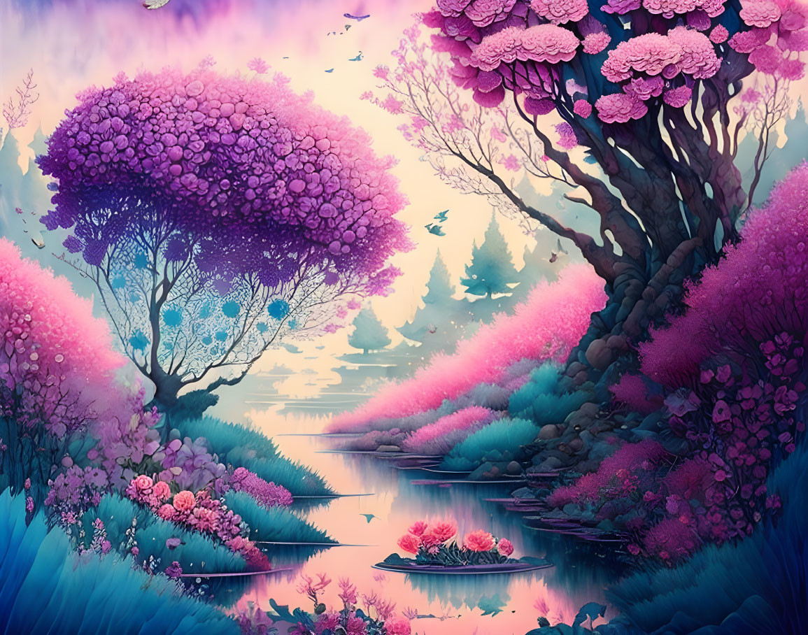 Colorful illustration of magical forest with blooming trees, serene river, birds in misty landscapes