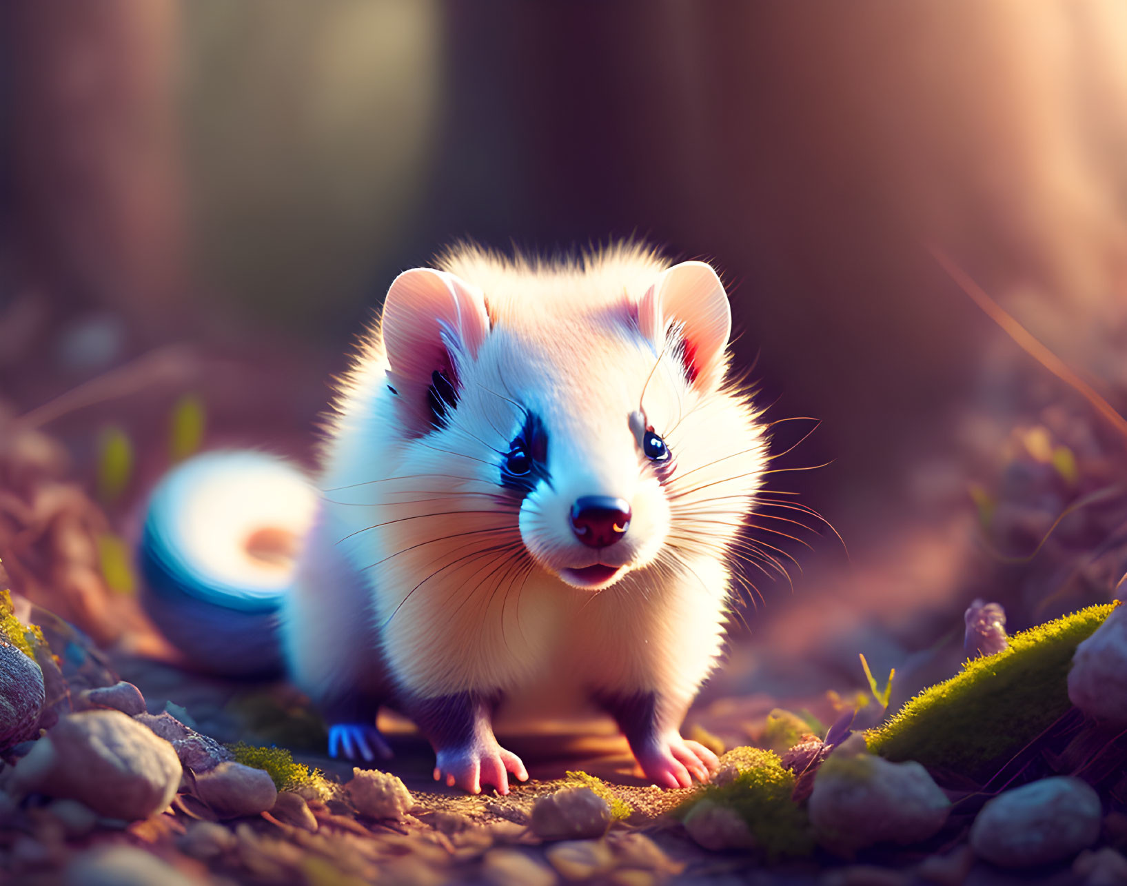 Whimsical cartoon ferret in enchanted forest setting