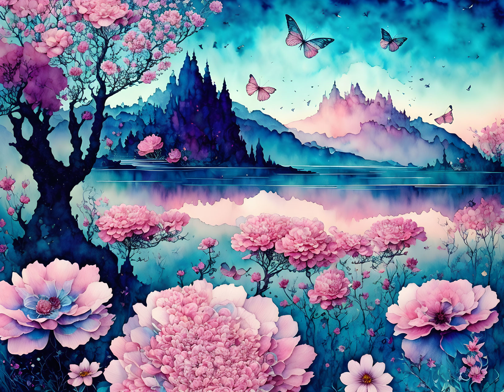 Surreal landscape with pink trees, butterflies, mountains, lake, starry sky