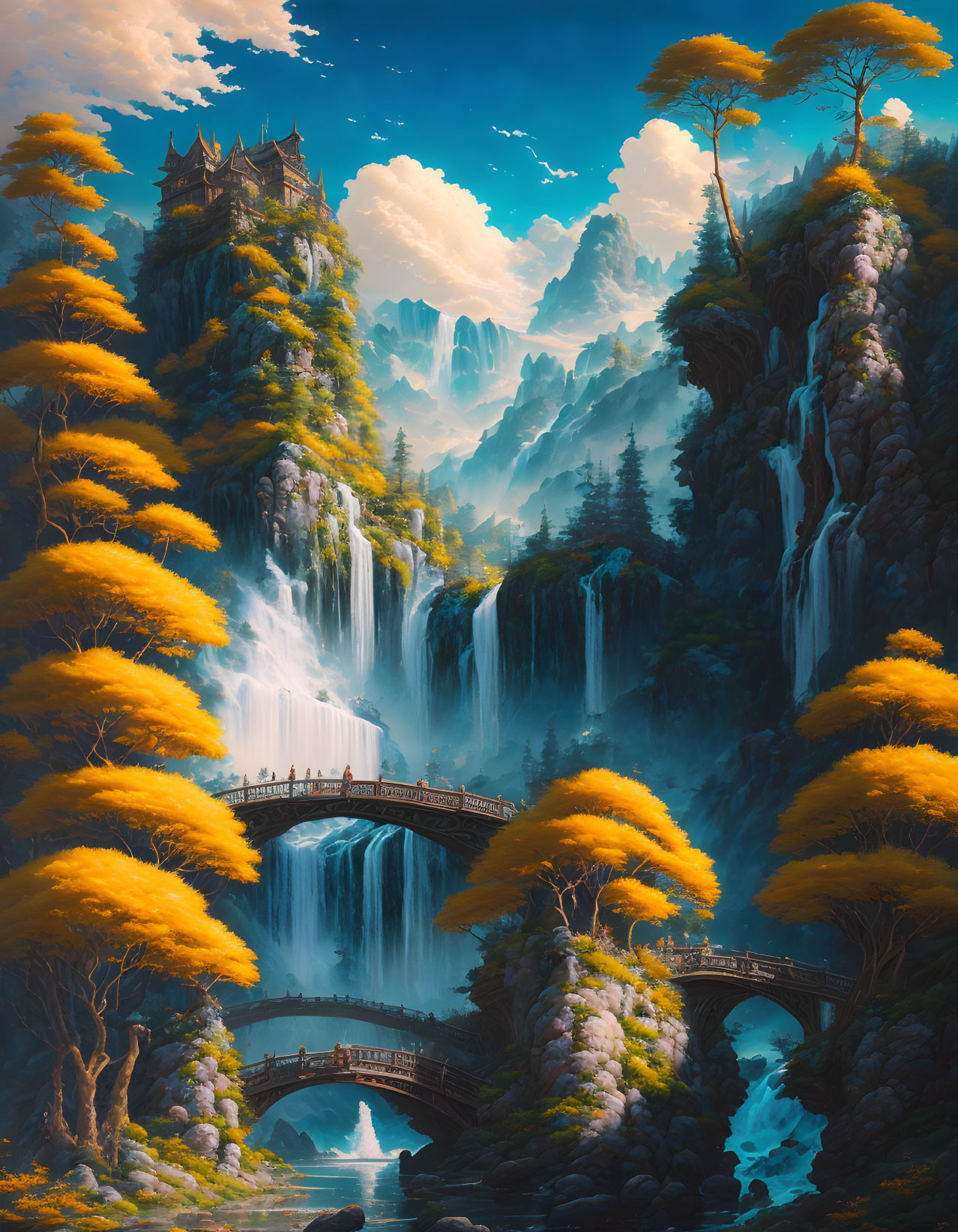 Fantastical landscape with waterfalls, bridge, autumn trees, castle, and mountains