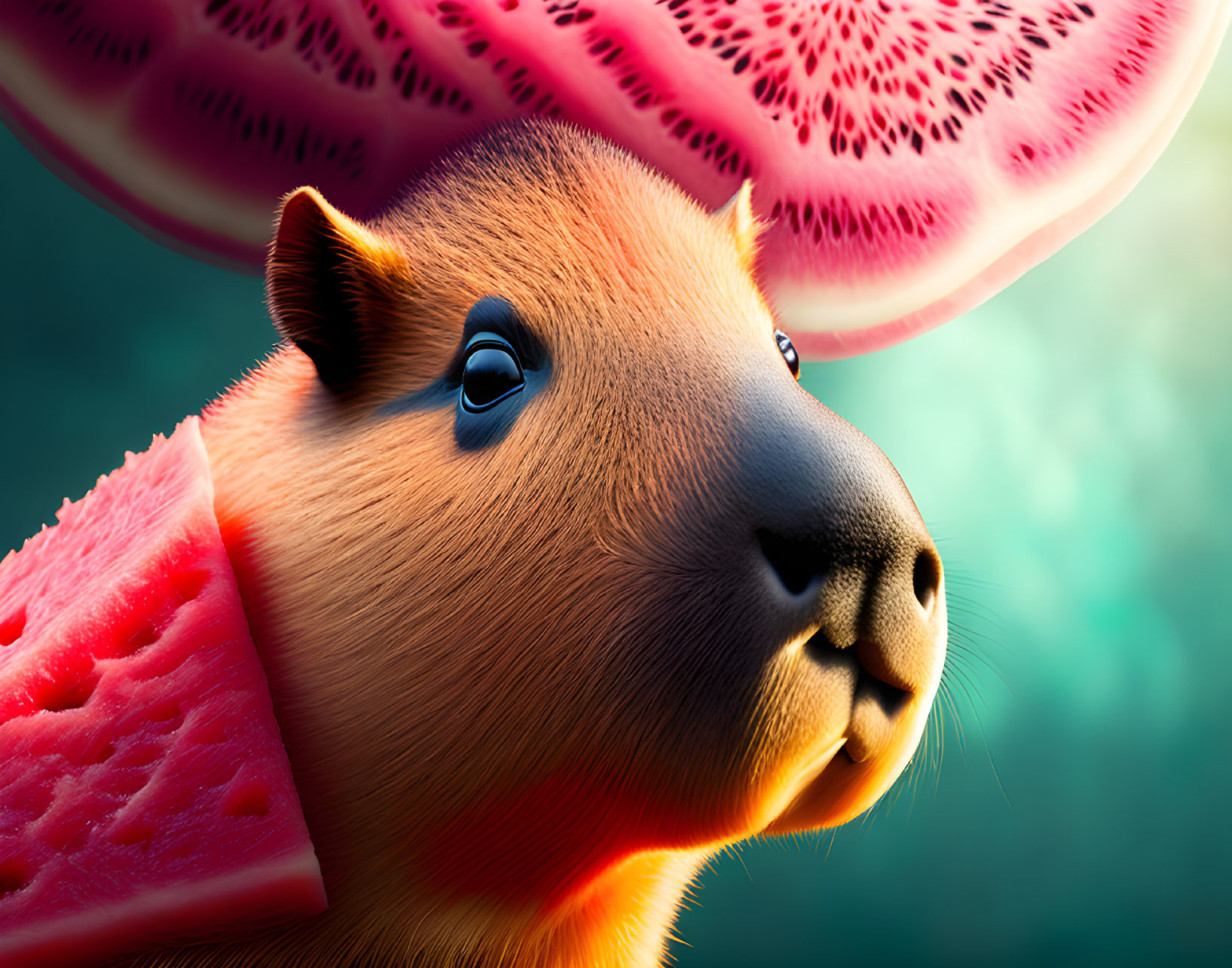 Whimsical capybara with watermelon-themed fur and slices in the background