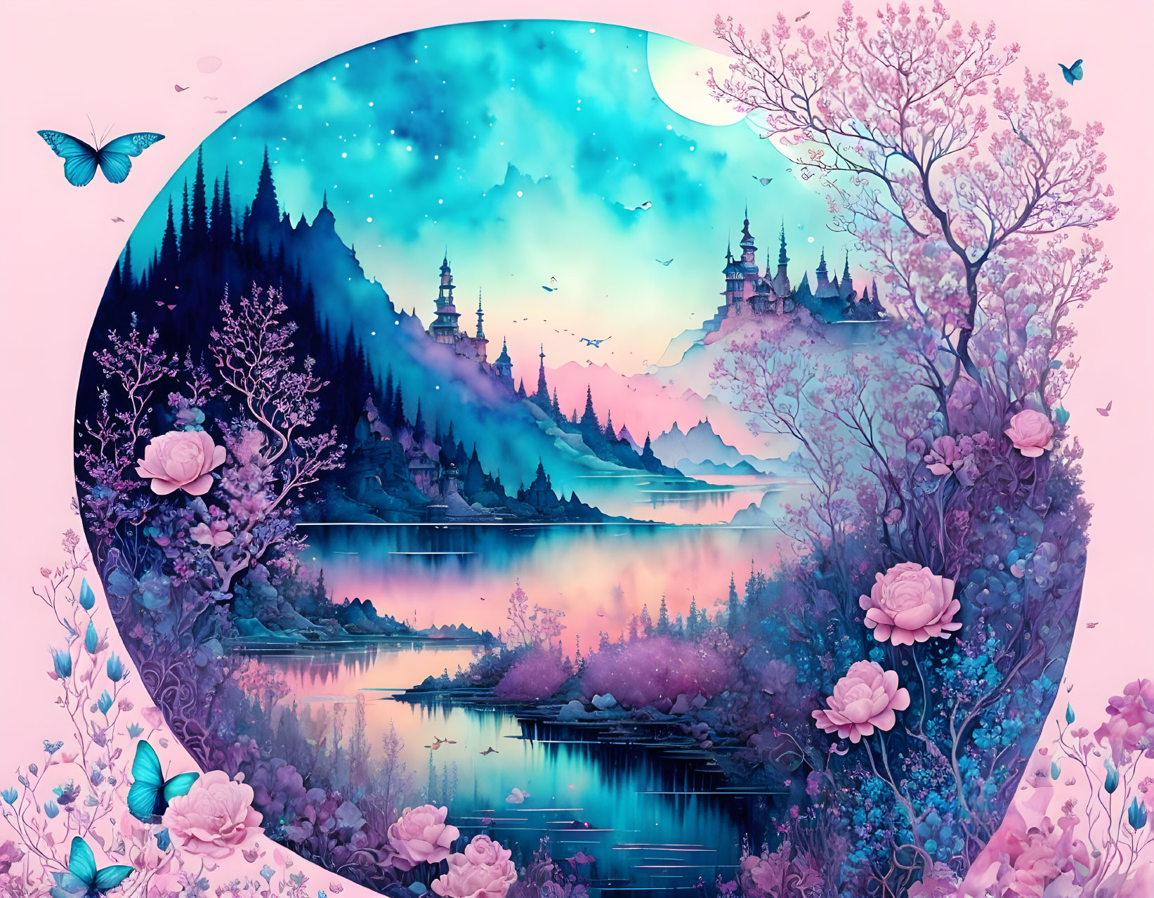 Mystical landscape illustration with purple hues, forest, castles, lake, and butterflies in circular