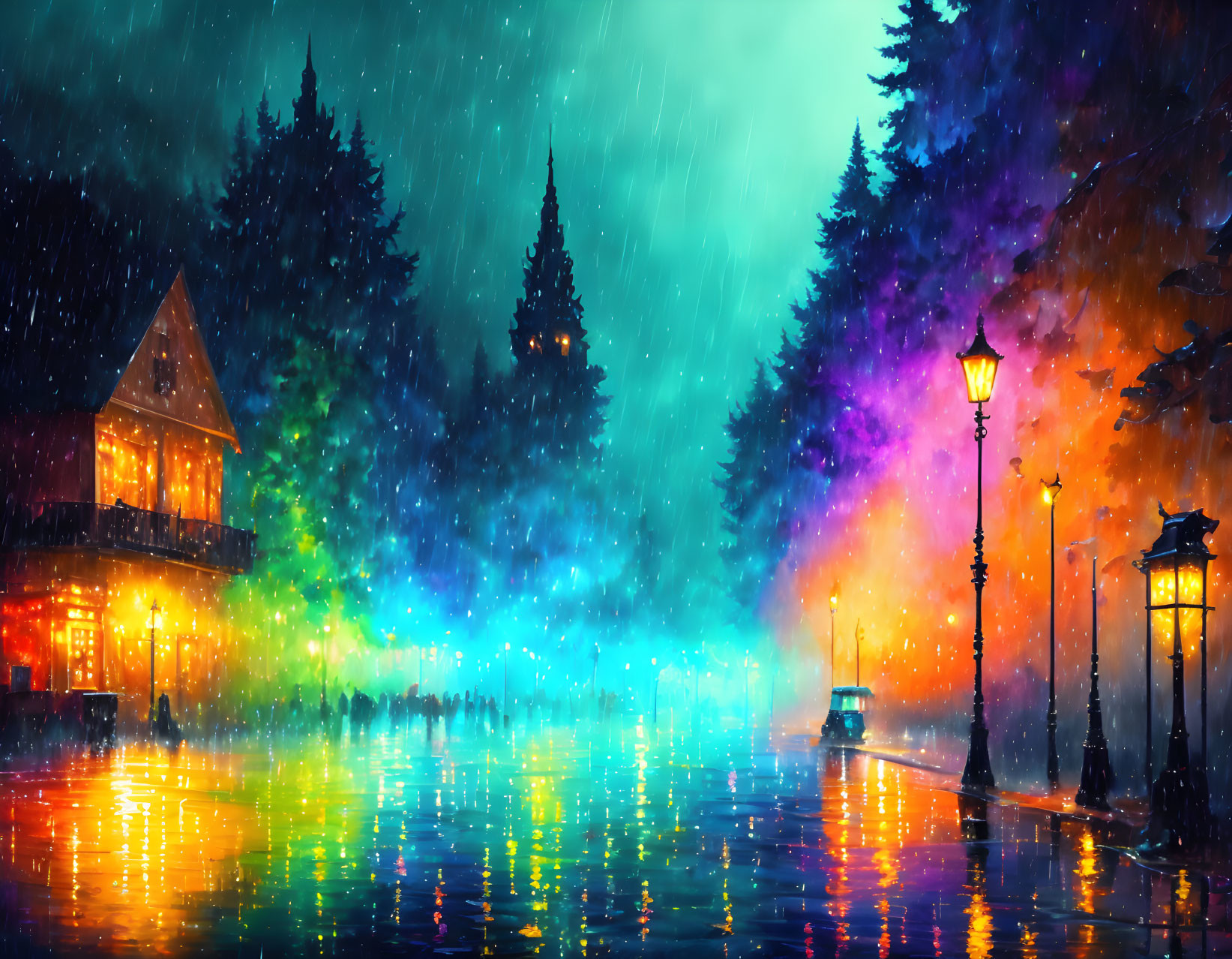 Colorful Nighttime Street Scene with Rain and Street Lamps