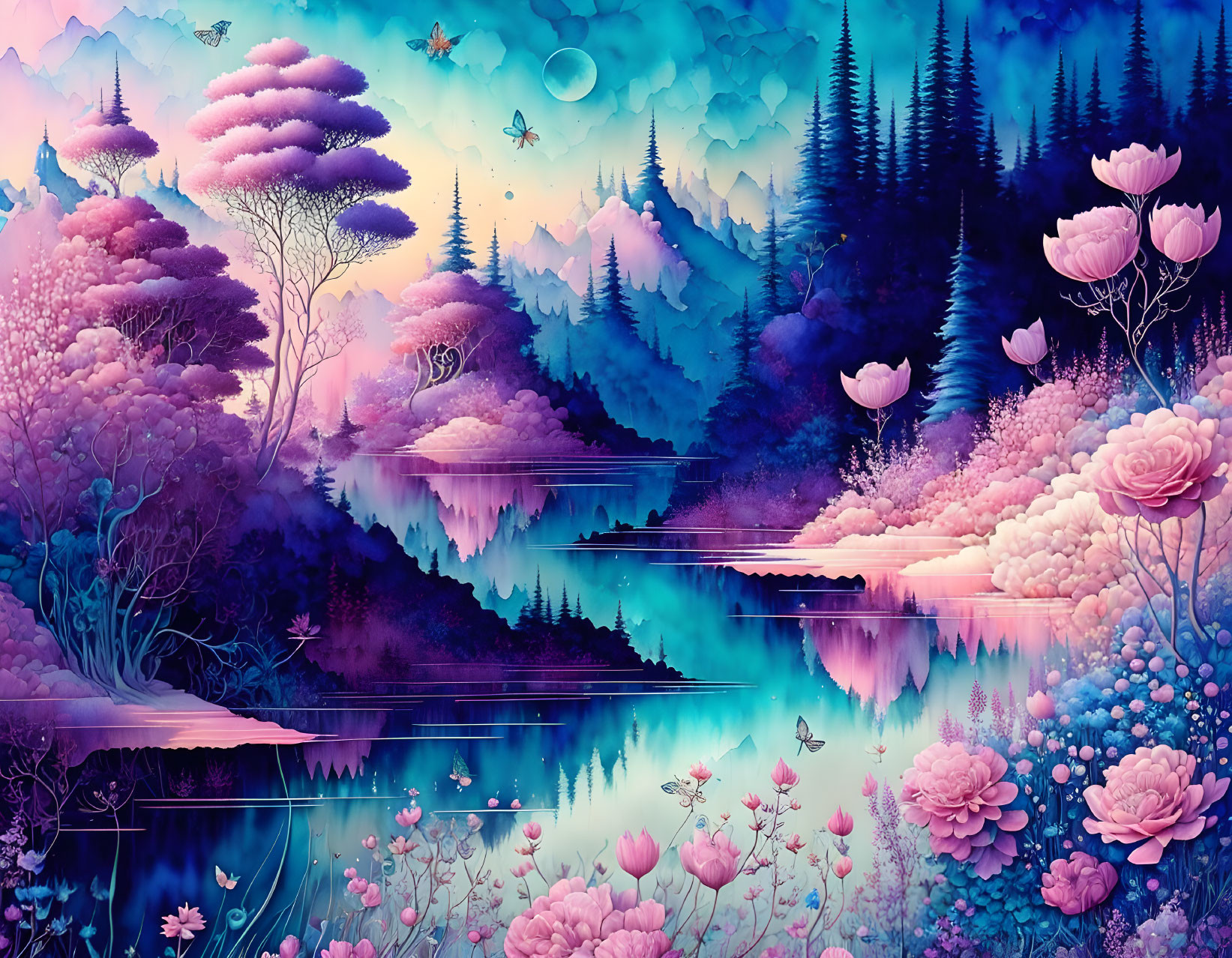 Surreal pink and purple landscape with blue lake and dusk sky