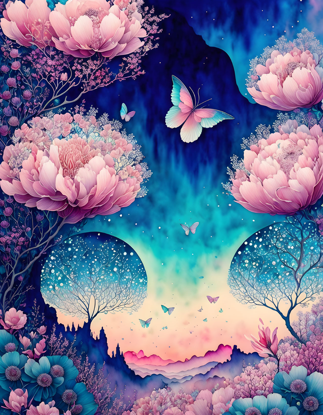 Fantastical artwork: Oversized pink flowers, ethereal trees, butterflies, gradient sunset to star