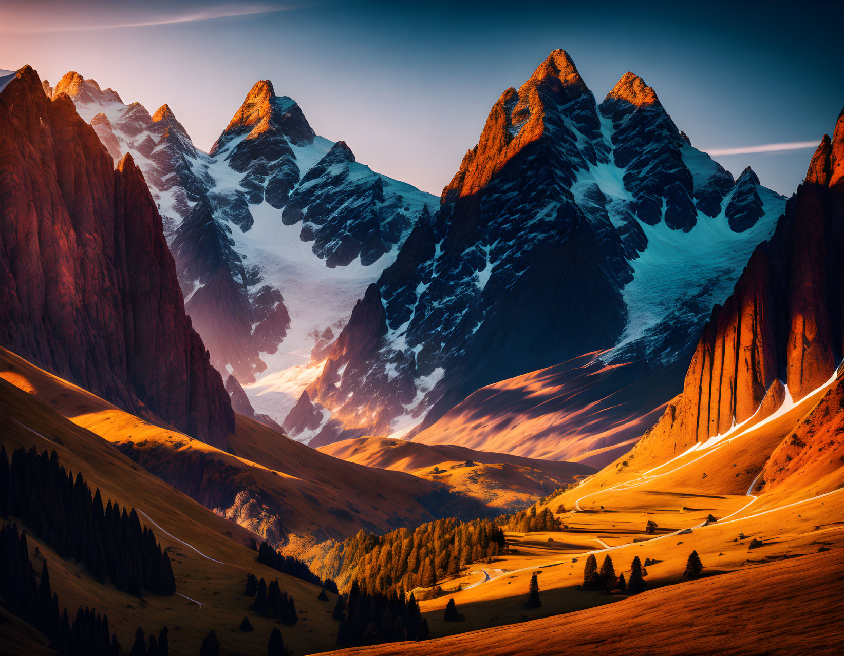 Snow-capped mountain peaks in serene landscape