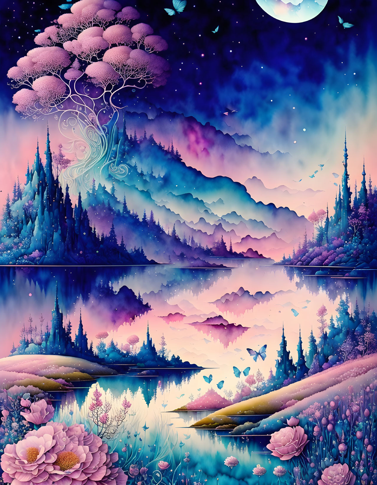 Vibrant surreal landscape: pink trees, mountain layers, reflective lake