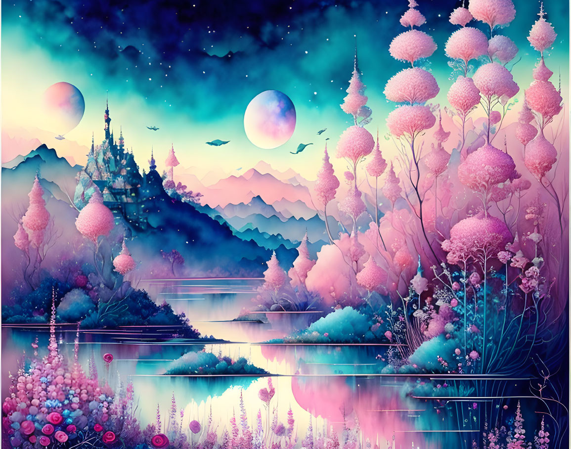 Fantasy landscape: castle, pink flora, reflective lake, starry sky with two moons