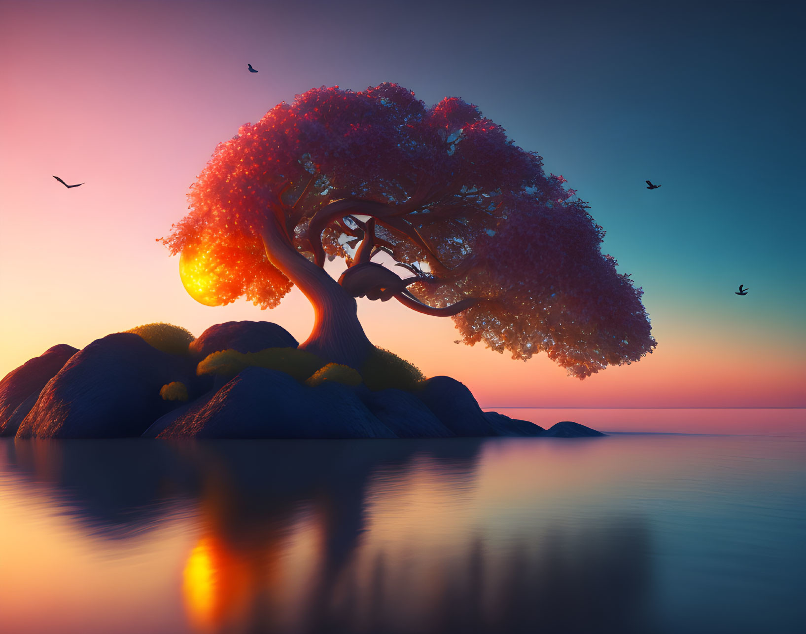 Red Foliage Tree on Rocky Islet at Sunset