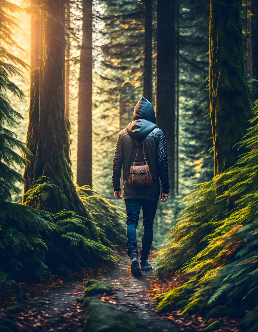 Person walking on forest path with sunlight filtering through trees