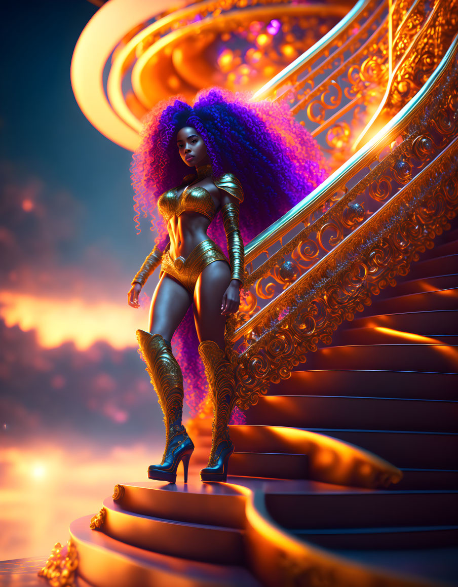 Stylized image: Woman with purple hair on golden spiral staircase