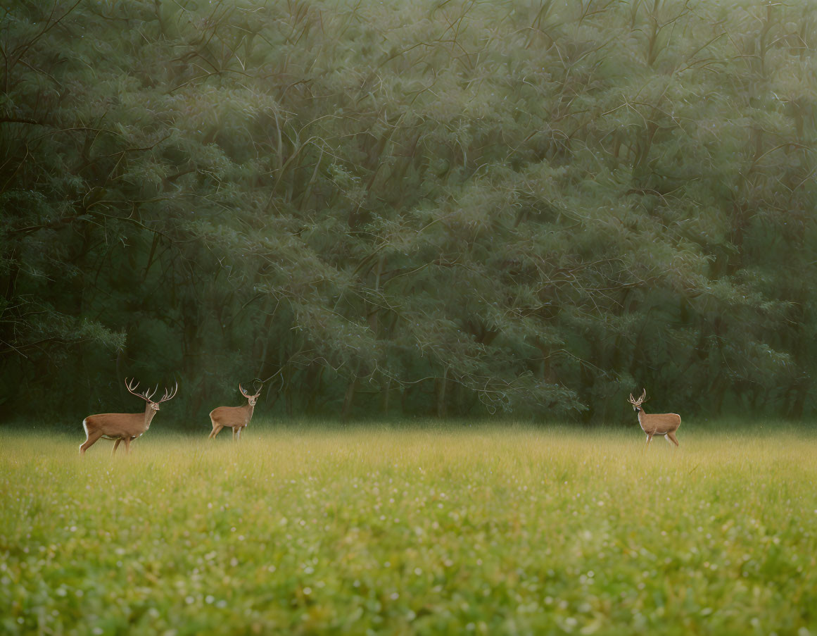 Tranquil green meadow with three deer and forest backdrop