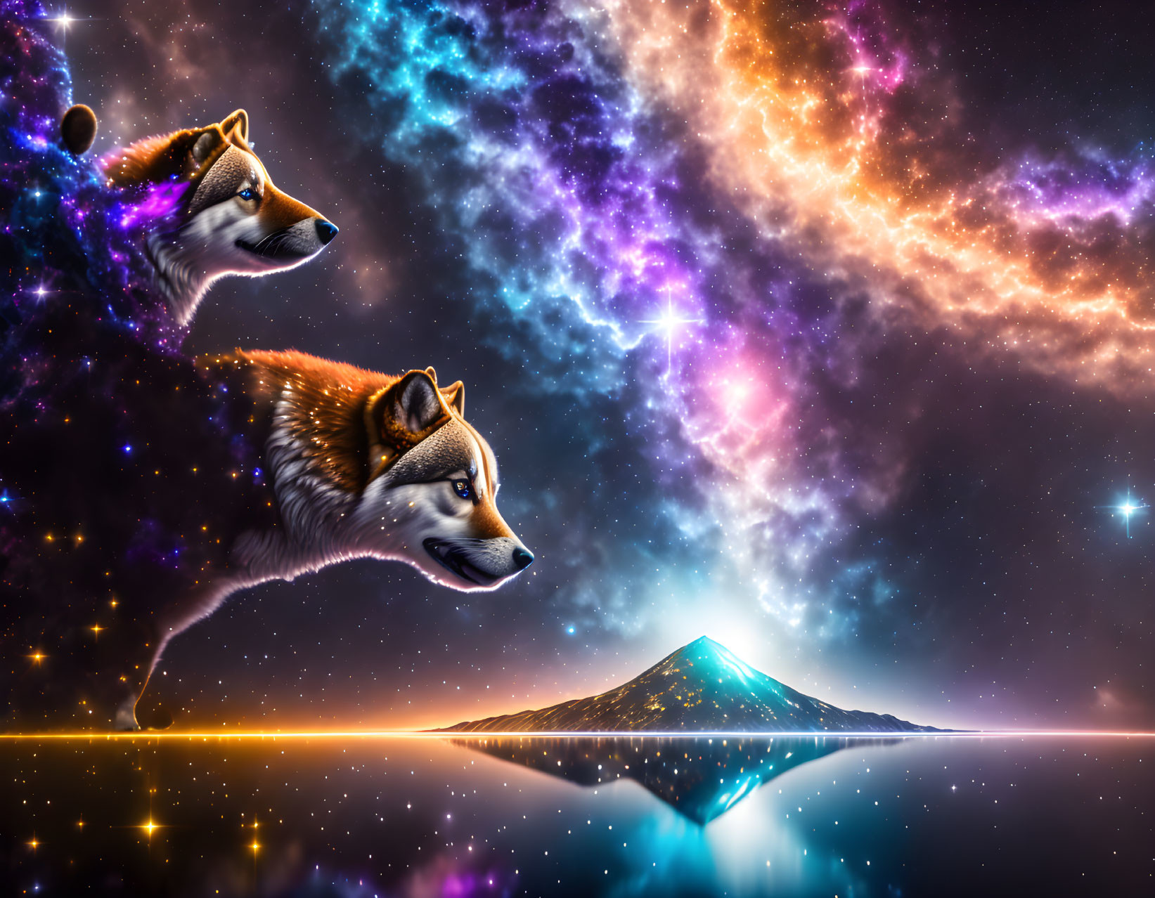 Ethereal wolves' heads above mirrored mountain in vibrant cosmos