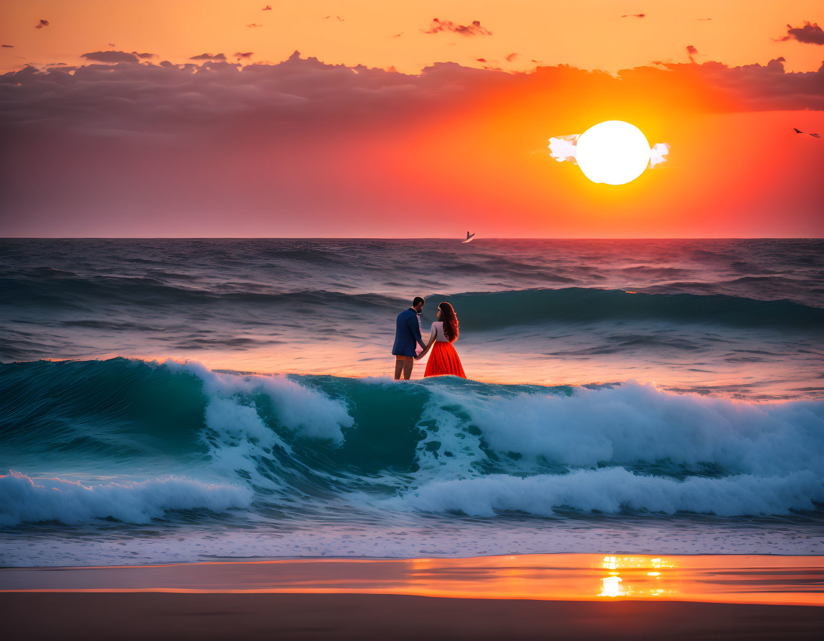 Couple Embracing by Vibrant Sunset on Shore