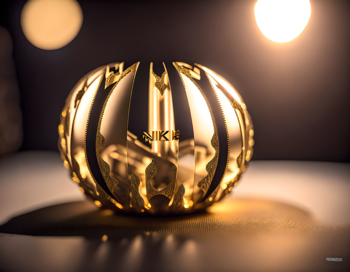 Intricately cut golden lamp with glowing light on dark bokeh background