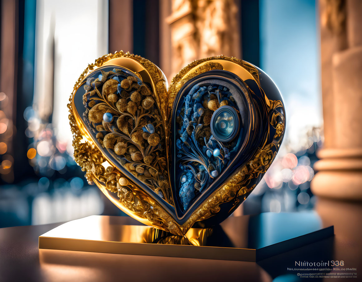 Golden mechanical heart sculpture against cityscape backdrop at golden hour