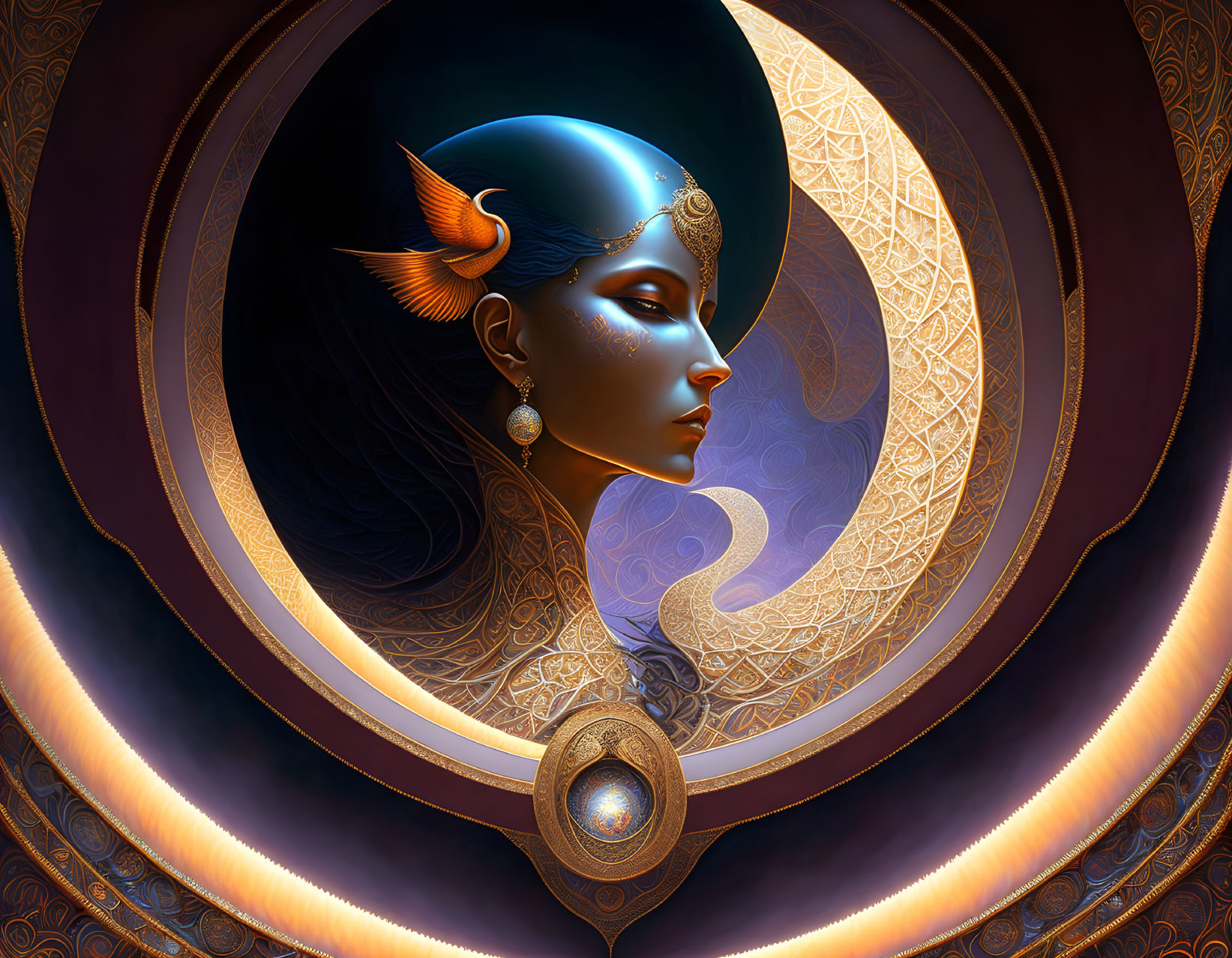 Stylized artwork of woman with blue skin and golden ornaments