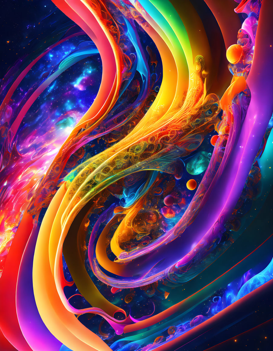 Colorful digital artwork with cosmic patterns and celestial bodies