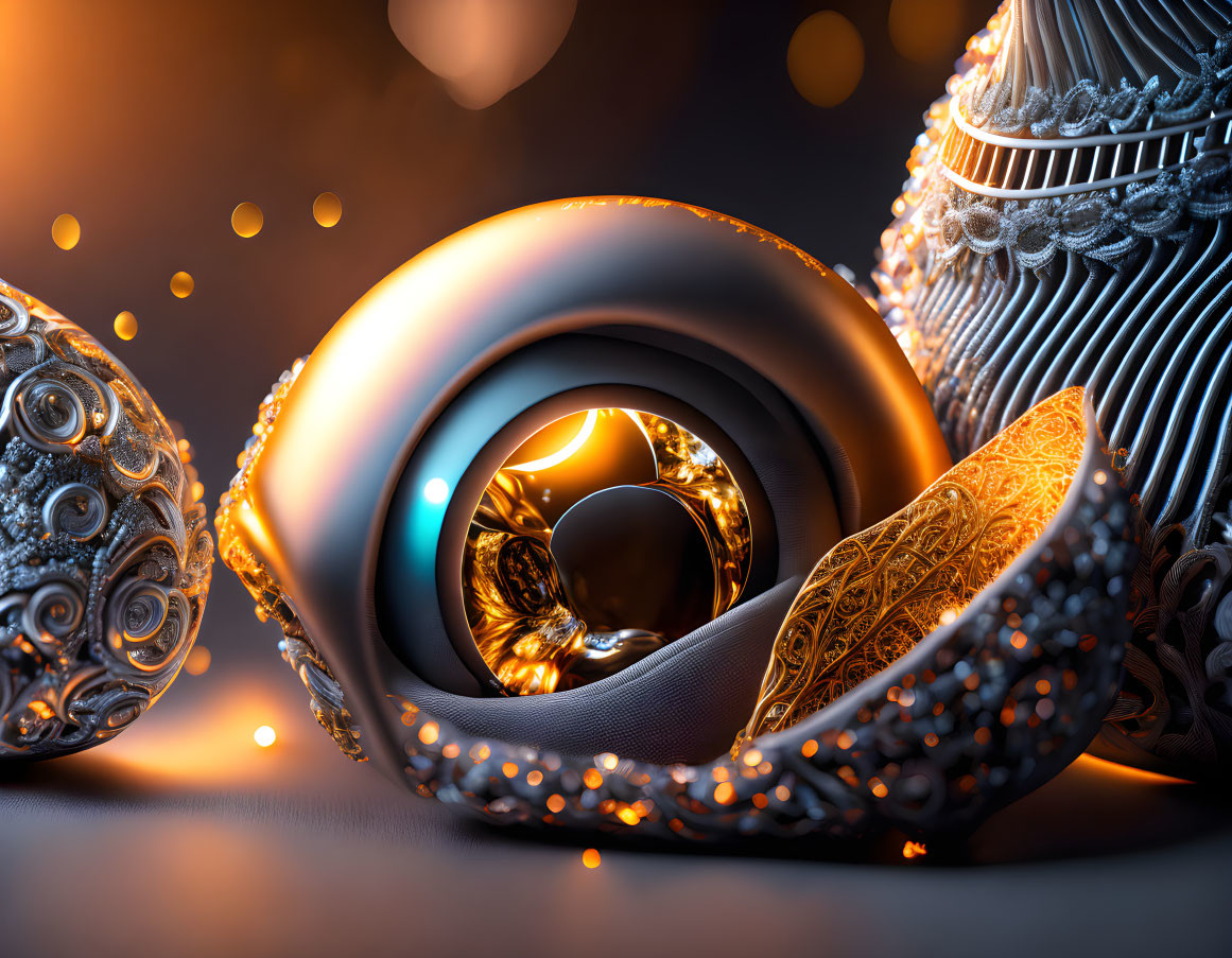 Ornate Metallic Objects with Intricate Patterns in Warm 3D Rendering