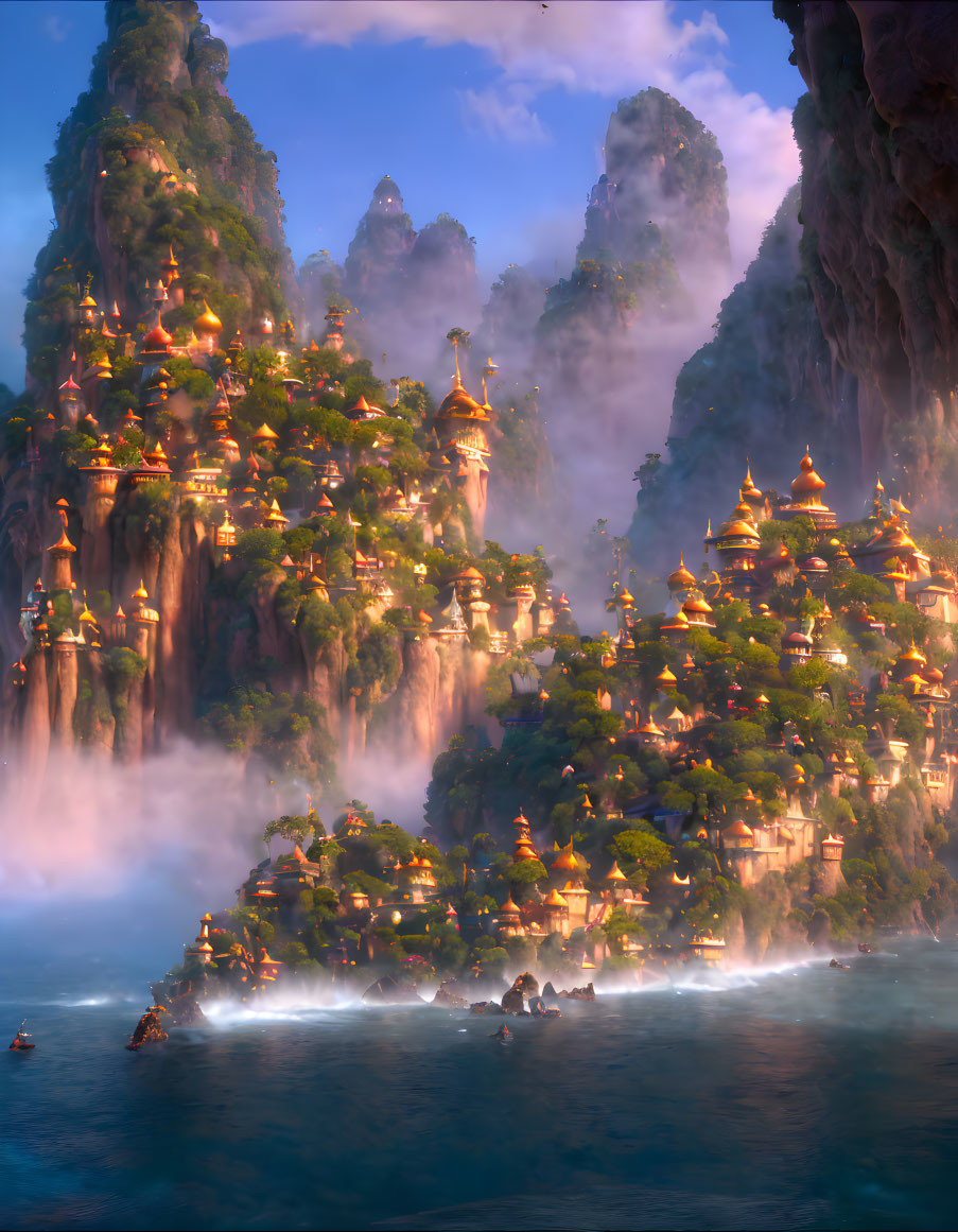 Fantasy landscape with towering cliffs, waterfalls, and golden-roofed city by water.