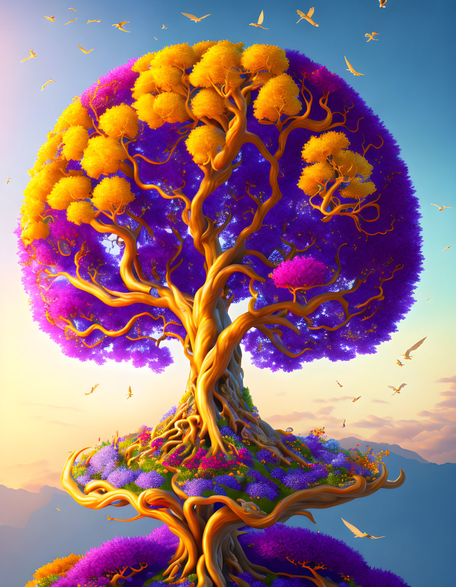 Colorful fantasy tree with purple trunk and orange foliage in pastel sky.