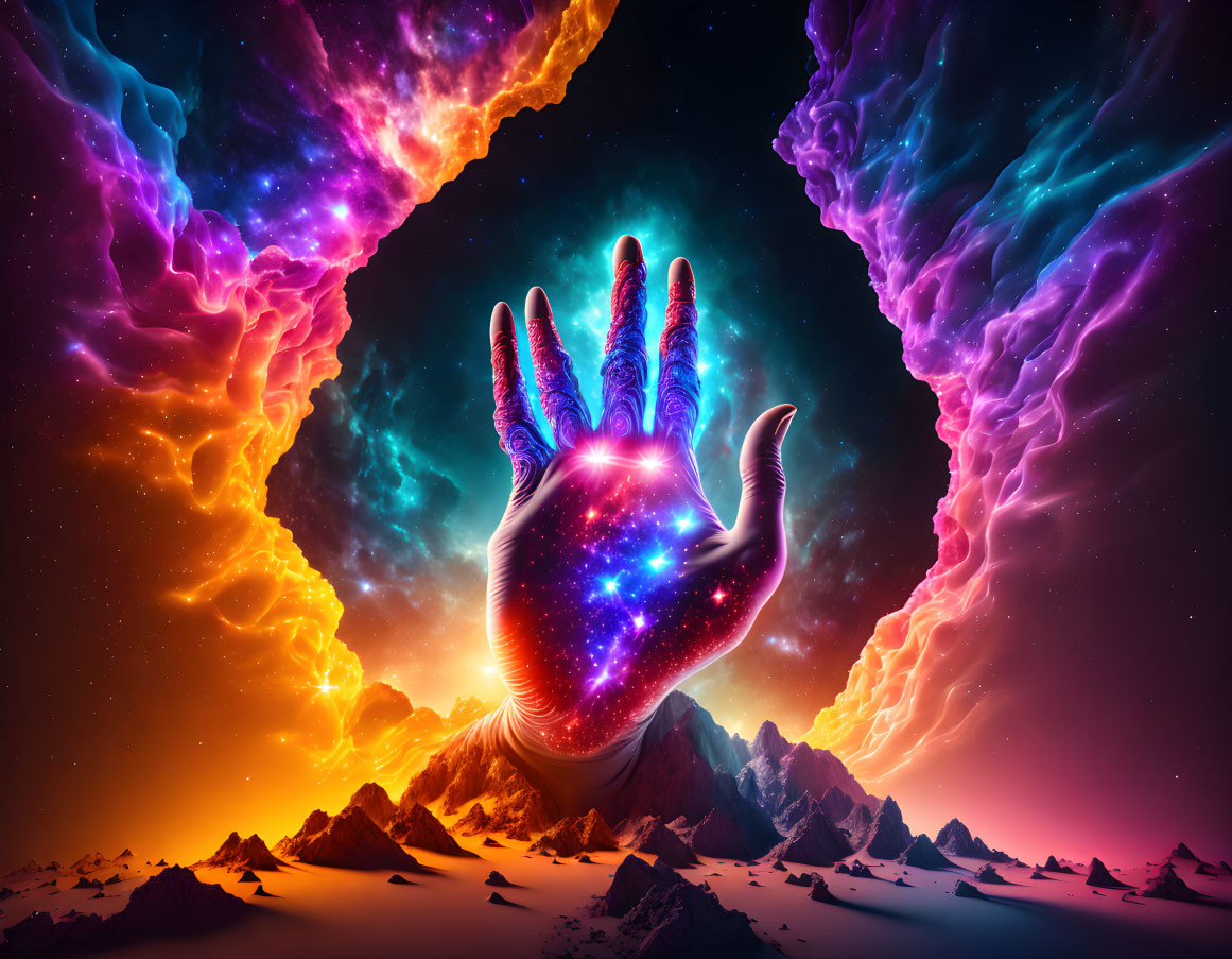 Surreal cosmic scene: hand cradling galaxy, vibrant nebulae, mountainous landscape