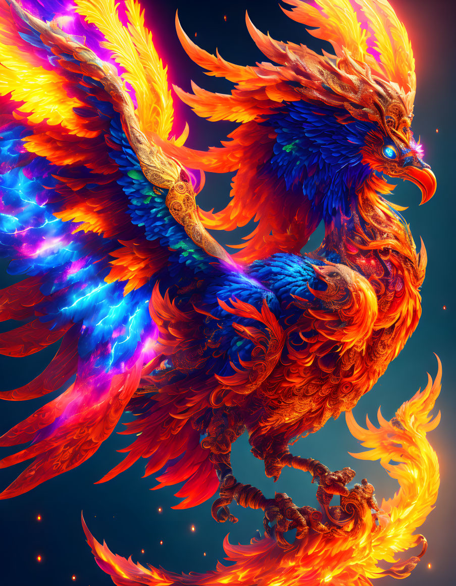 Colorful Phoenix Digital Artwork with Fiery Wings on Dark Background