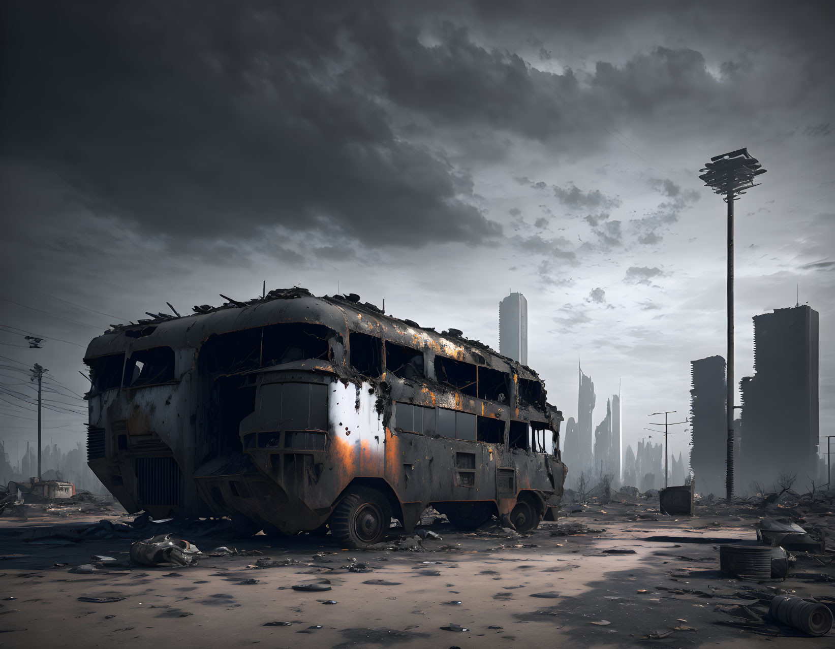 Desolate post-apocalyptic cityscape with burnt-out bus and charred buildings