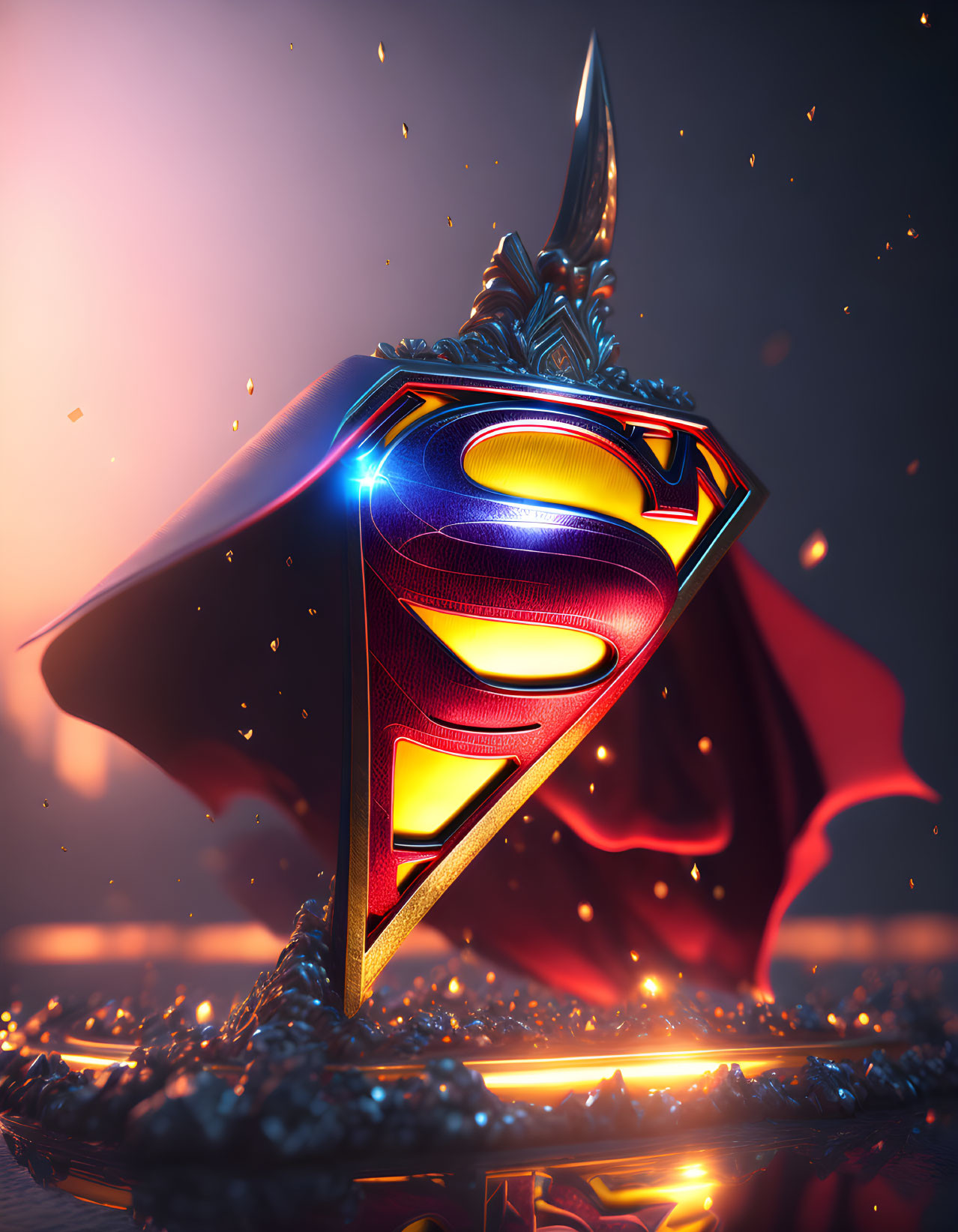 Superman emblem with red cape in dramatic lighting