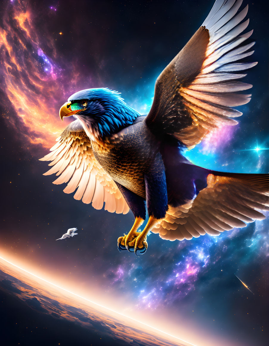 Majestic eagle in vibrant cosmic sky with stars and nebulas