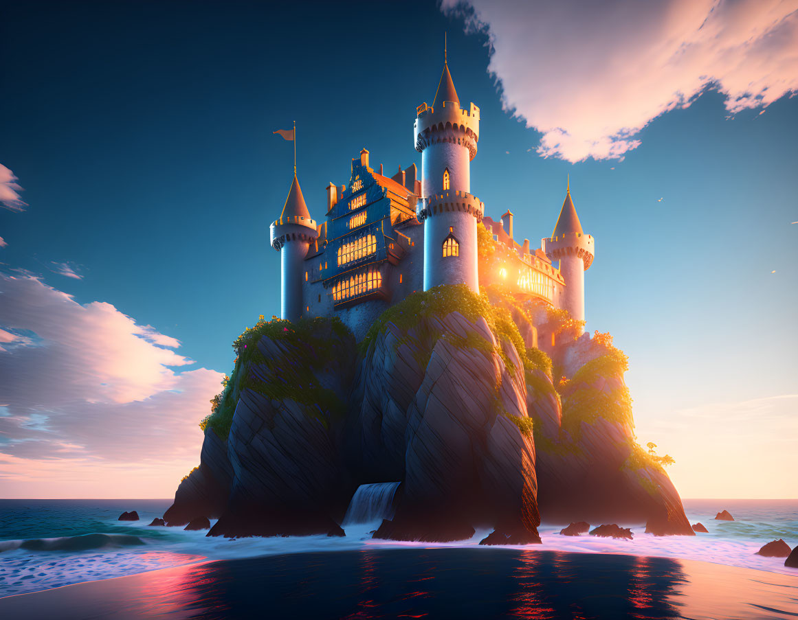 Castle on rocky cliff at sunset with waves crashing below