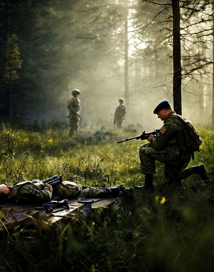 Military training exercise in misty forest with soldiers in various positions