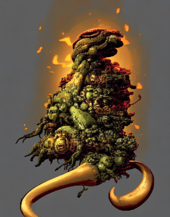 Fantasy creature pixel art with snail shell and fiery background