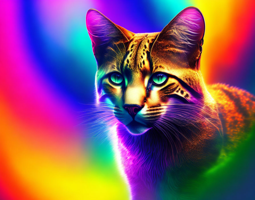 Vibrant rainbow-colored cat with intense blue eyes