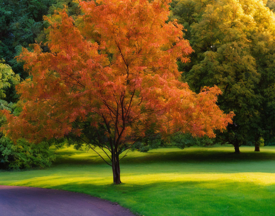 Vibrant orange-red tree in serene park setting with sunlight glow