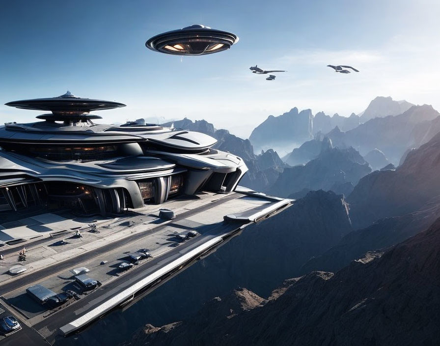 Sleek architecture and futuristic vehicles at mountain base