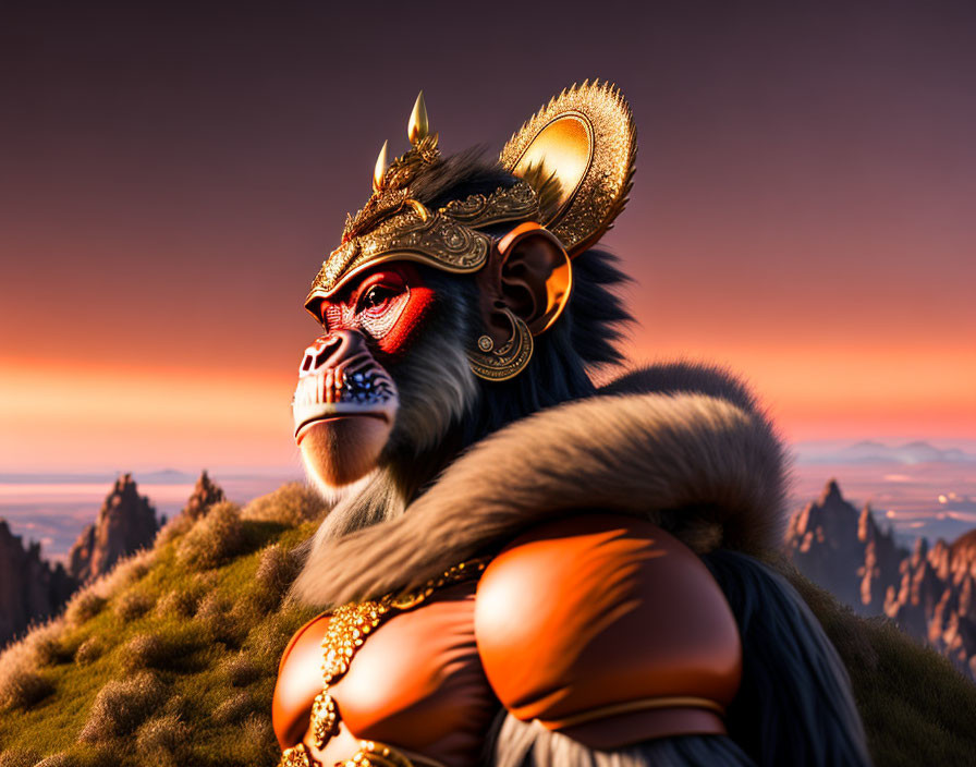 3D illustration of Monkey King in golden armor against mountain sunset