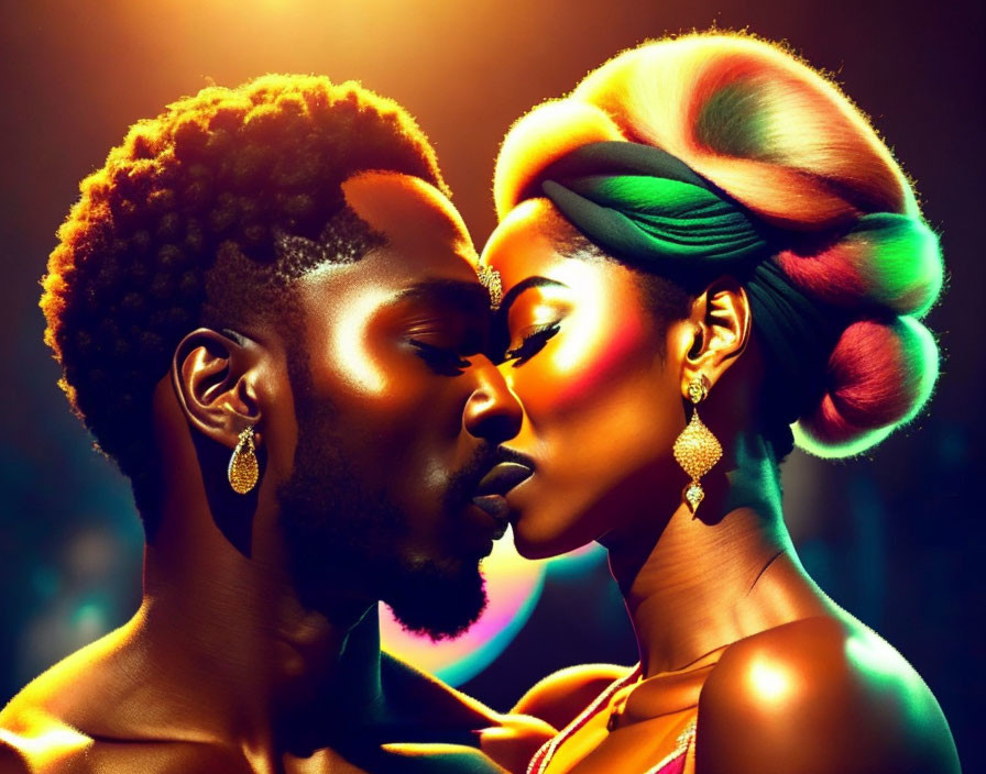 Man and woman with stylized Afro hair in warm light, about to kiss, against dark bokeh