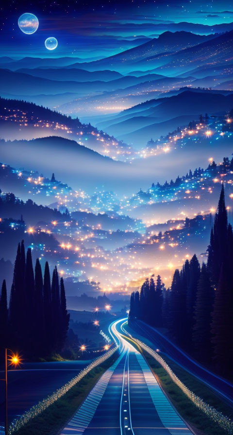 Tranquil nightscape with winding road, rolling hills, twinkling lights, starry sky.