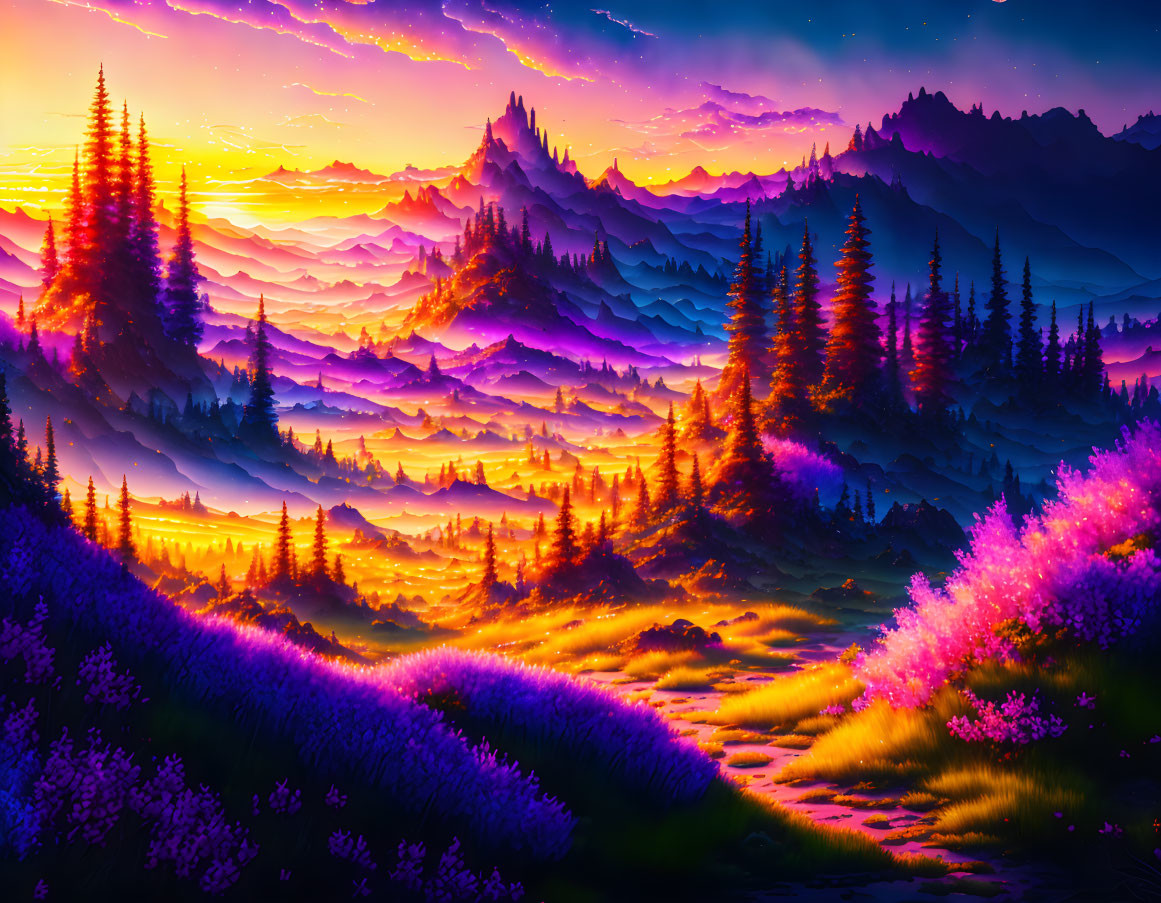 Scenic landscape with purple and golden hues, layered mountains, forest, and flowers under a sunset sky