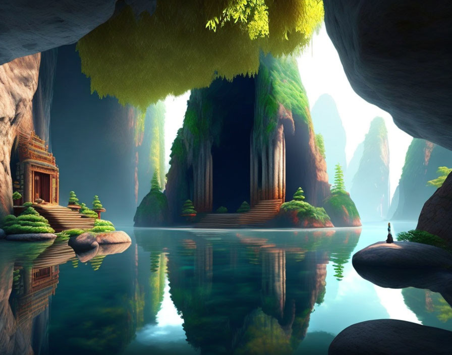 Tranquil lake in cave with temple ruins & lush greenery